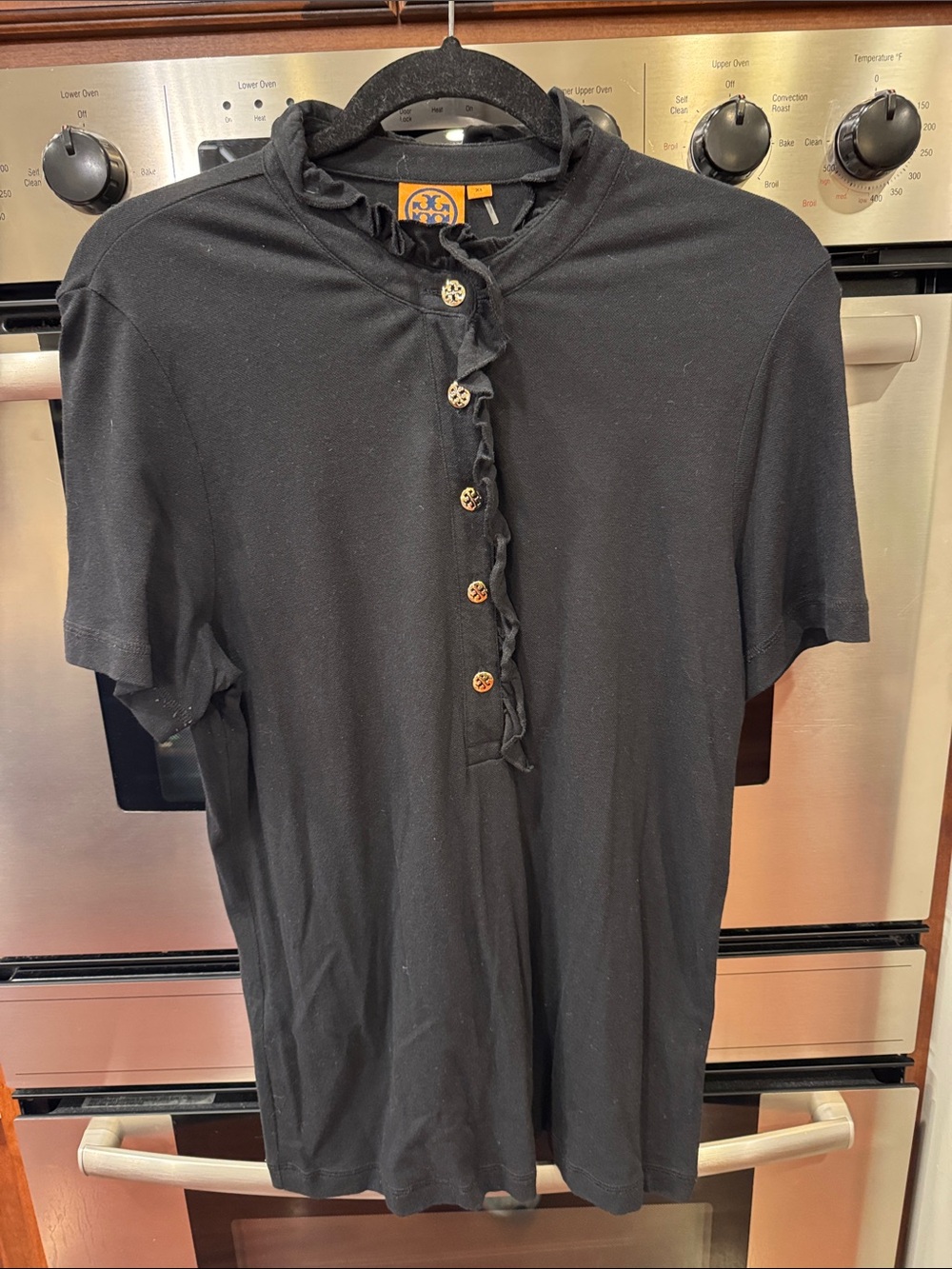 Tory Burch Black Short-Sleeve Ruffle-Placket Polo